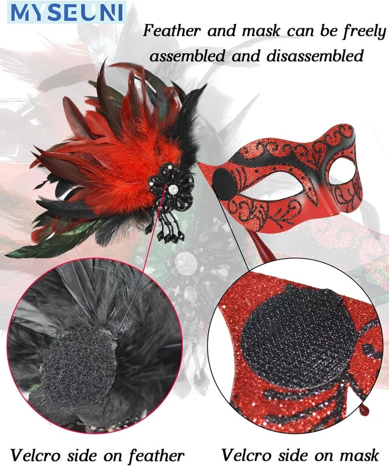 MYSEUNI 2024 Neue Maskerade Maske für Frauen mit Stab - Glänzende Damen Feder - Bild 3 von 4