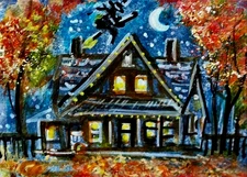 ACEO Original Painting TREE Autumn COTTAGE Landscape FALL Witch House ATC ART