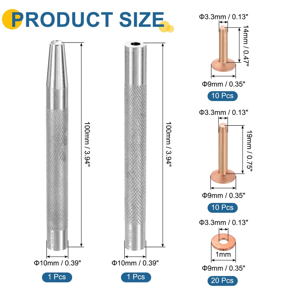 Juego de 20 remaches y rebabas de cobre de 9x3,3x14 mm y 9x3,3x19 mm sujetador de cuero, cobre Foto 2 de 4