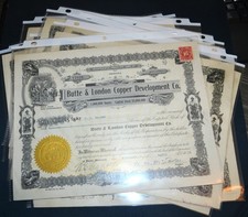 Lot of 9 Butte & London Copper Development Co. stock certificates 1908-1917