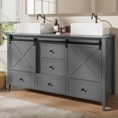 60'' Bathroom Vanity Double Sink Ceramic Freestanding Cabinet Wood Grain Modern