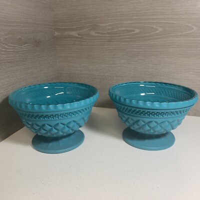 SET OF 2 - Vintage Indiana Glass - Green Diamond Point - Footed  BOWL - 4  x 6 