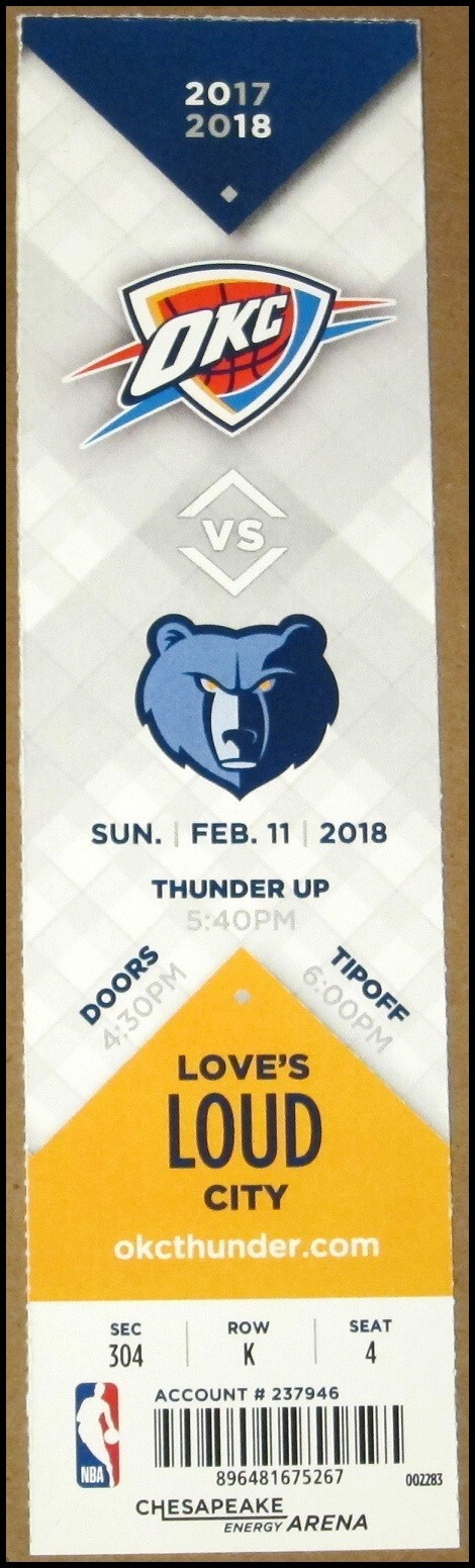 2/11/2018 Oklahoma City Thunder vs Memphis Grizzlies Ticket Paul George 33 Pts