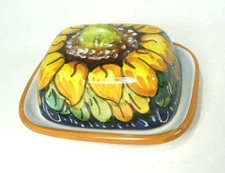 Italian Terre Manarola Pottery Small Covered Dish Sunflower Design