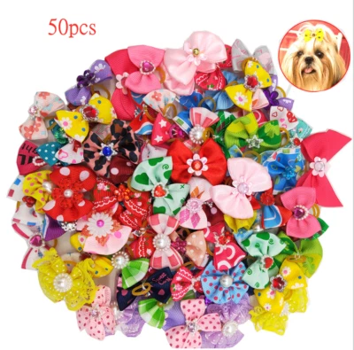 50pcs Assorted PET SHOW Pet Bow Bands For Doll Dog Cat Hair Grooming Color