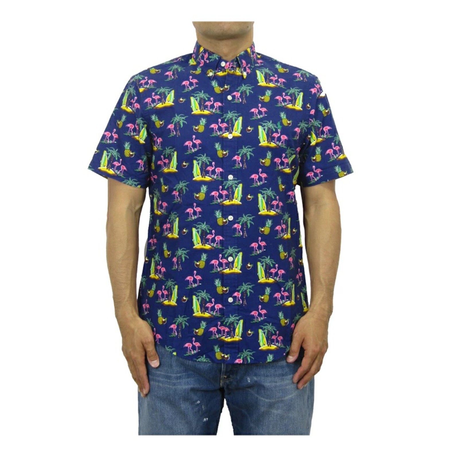Поло Ральф Лорен Тонкий Fit С Коротким Рукавом Кнопка Вниз Цветочный Фламинго Оксфорд Рубашка