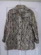 Ladies Chico's Brown Beige Metallic Thread 4 Pocket Long Linen Jacket Size 1