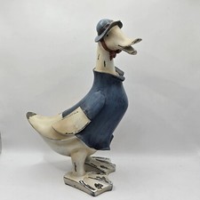 VTG WOOD Lady Duck Blue Polo Shirt Cute Floral Little Hat Quacks Snow 9.5” Tall
