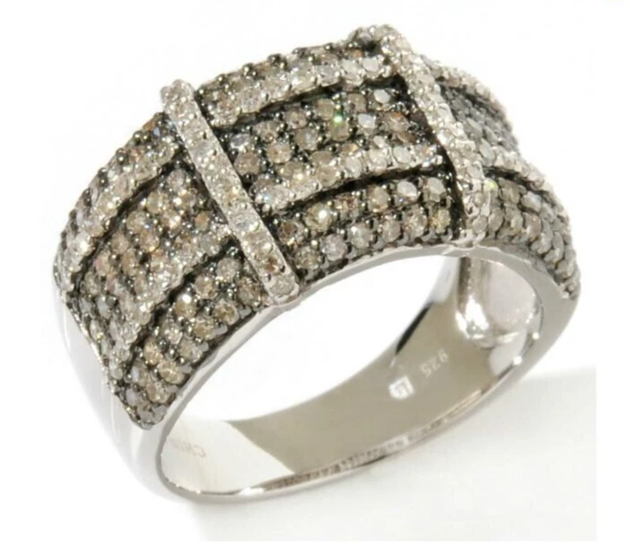 Anillo de plata esterlina real 1 CTTW blanco y champán con banda de diamantes talla 8 Foto 3 de 3