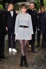 CHANEL Striped Puff Long-sleeved Tunic Dress Coco mark Pearl Buttons Size 34