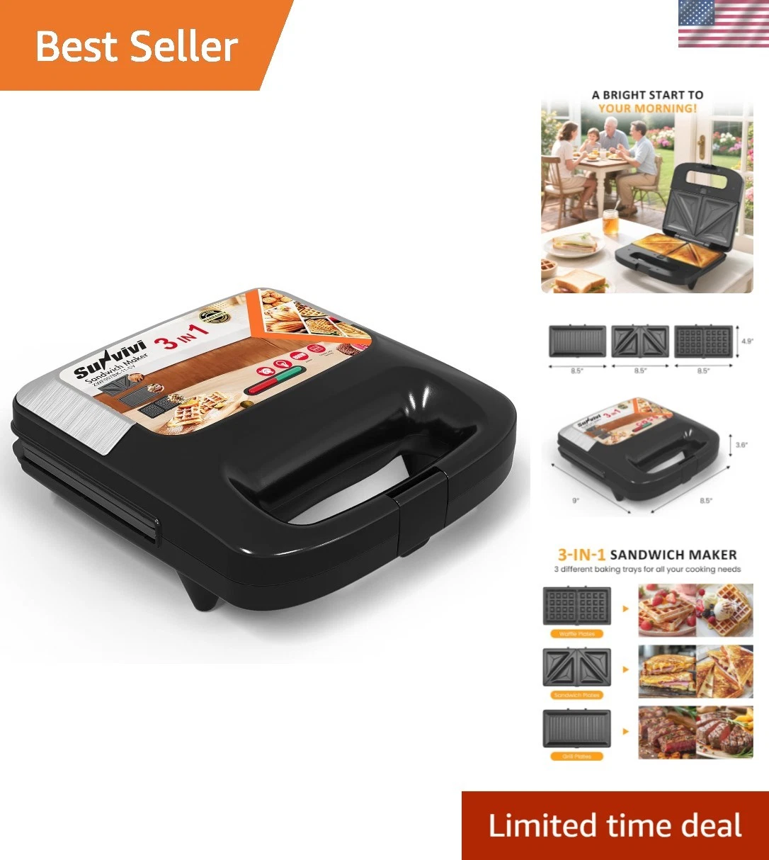 3 in 1 Electric Sandwich Maker: Panini Press Grill and Waffle Iron Set, Grill...
Opens in a new wind
