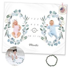 Twins Monthly Milestone Blanket - Soft Fleece Eucalyptus Twins Eucalyptus