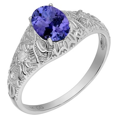 14K massiver Weißgold Vintage Stil ovaler natürlicher Tansanit & natürlicher Diamant Ring