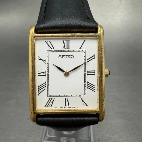 Seiko Tank Watch Men 25mm White Dial Gold Tone Rectangle 7N00-5C70 New Battery