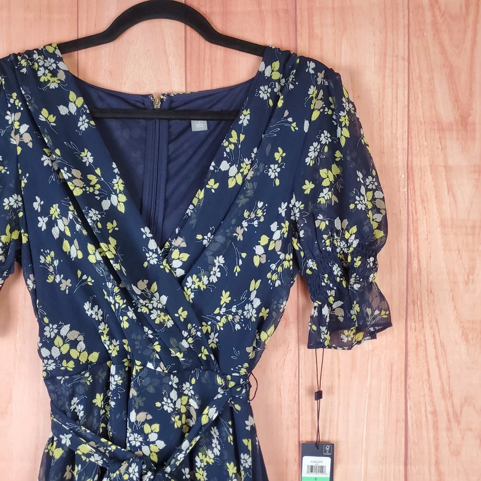 Vestido Tommy Hilfiger Midi Imitación Envolvente Para Mujer 8 Azul Floral Sobrepelliz Cuello Cremallera Trasera Foto 4 de 4