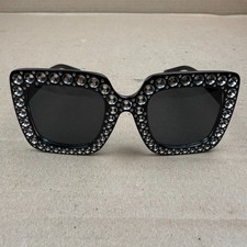 Oversized Square Sunglasses Black Rhinestone Studded Frame scratches
