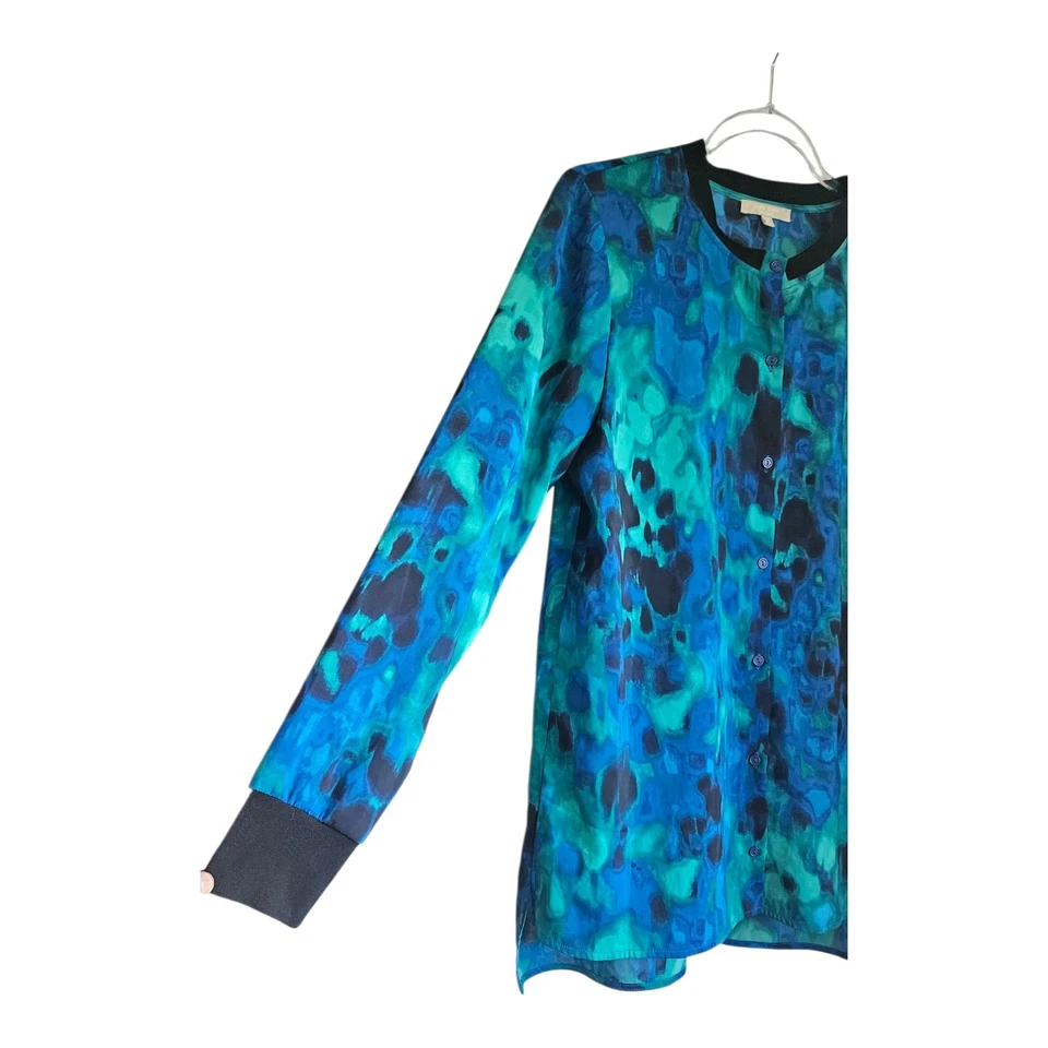 Blusa Joan Vass New York Mujer M Azul Verde Abstracto L/S Abotonada Foto 3 de 4