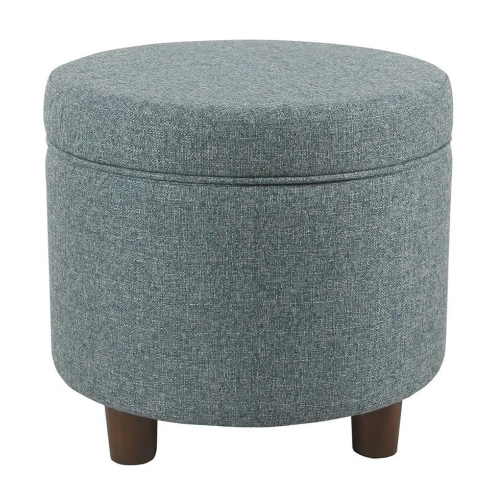 HomePop Round Transitional Wood and Fabric Storage Ottoman in Teal Blue Tweed - Image 2 of 4