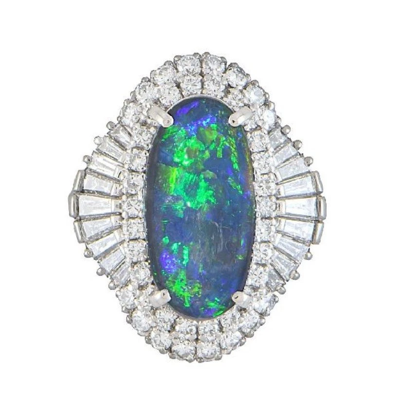 Коктейльное кольцо GIA с натуральным черным опалом 3,77 карата и бриллиантом из платины - HM2677HAV