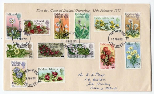 FALKLAND ISLANDS 1971 FLOWERS DEFINITIVE SURCHARGE SET ON OFFICIAL LOCAL FDC
