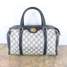 GUCCI PVC Leather Boston Bag Navy Ivory GG Pattern Vintage Handbag Old Gucci
