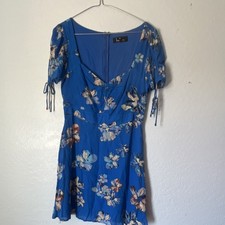 Lulus Blue Floral Tie Sleeve Ruched V-Neck Short Sundress Size M