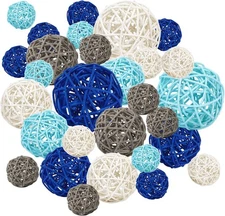 SANNIX 40 Pcs Wicker Rattan Balls, Blue Vase Dark Blue, Sky Gray, White 