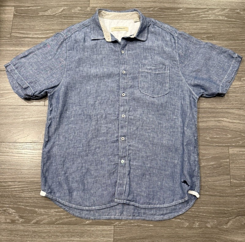 Tommy Bahama 100% Linen Shirt Mens Large Short Sleeve Button Up Blue