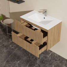 30" Floating Bathroom Vanity w/Sink, 2 Drawers, Soft-Close, Walnut