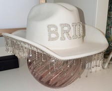 Rhinestone Bride Cowgirl Hat White Western Bridal Bachelorette Rodeo Fringe