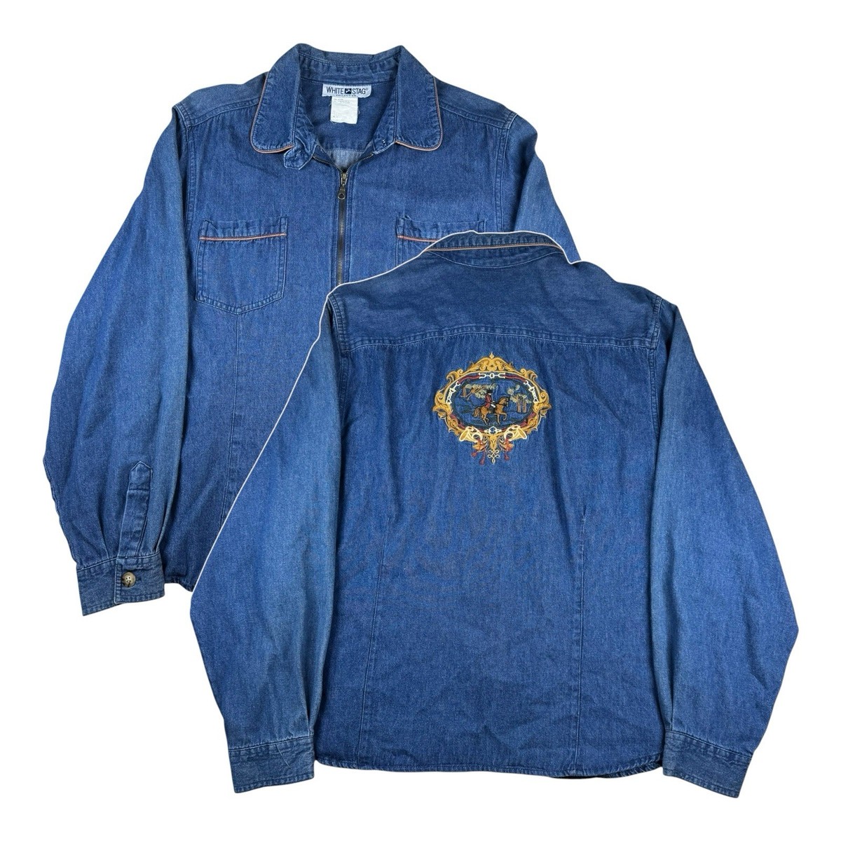 Vintage White Stag Denim Horse Equestrian Zip Up Shirt Jacket 
