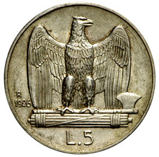 Italia 5 lire 1926 Aquilino Regno VEIII Rara Superba patina da monetiere SPL+