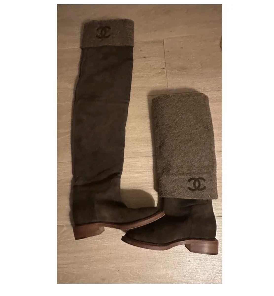 Chanel Brown Suede Boots knee high riding boots chanel logo boots