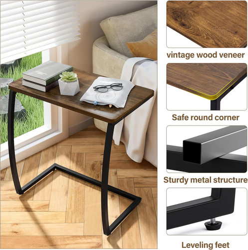 Side Table, End Table, Vintage C-Shaped Couch Table for Sofa Laptop Coffee Snack - Picture 6 of 8