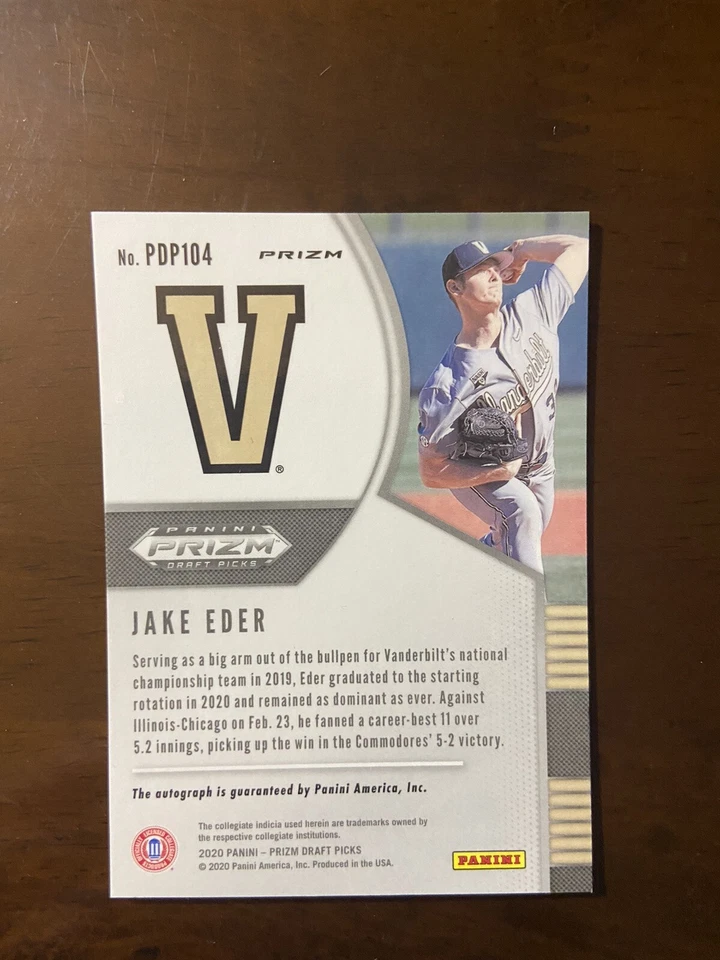 2020 Prizm Draft Picks Jake Eder Hyper RC Marlins Vanderbilt Auto PDP104 - Image 2 of 2