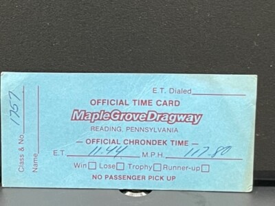 NHRA VRHTF VINTAGE RARE TIME SLIP-BUSINESS CARD-MAPLE GROVE DRAGWAY EX COND