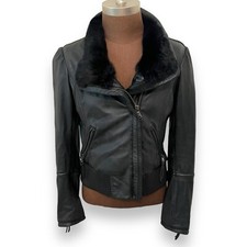 June Black Lambskin Leather Moto Jacket Rabbit Fur Lapel Women’s Size Small