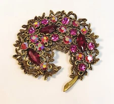 Vintage Rhinestone Brooch Red Navettes Pink AB Curled Leaf Flower EMMONS