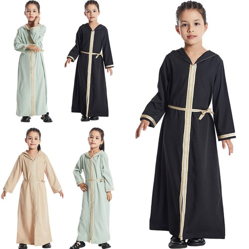 Kids Girls Muslim Dress Hodded Abaya Kaftan Moroccan Abayas Islam Chid Long Robe - Picture 5 of 49