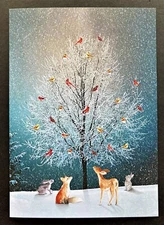 SET OF 4 Tree Free Forest Animals Christmas Cards Deer Rabbit Fox Bird Cardinal