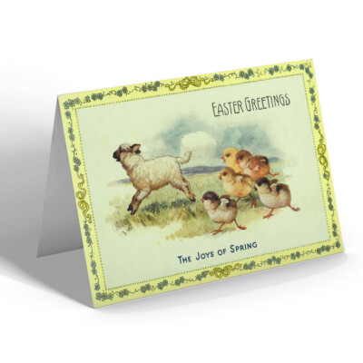 OSTERKARTE - Vintage Design - Die Freuden des Frühlings. Fünf Küken folgendes Lamm