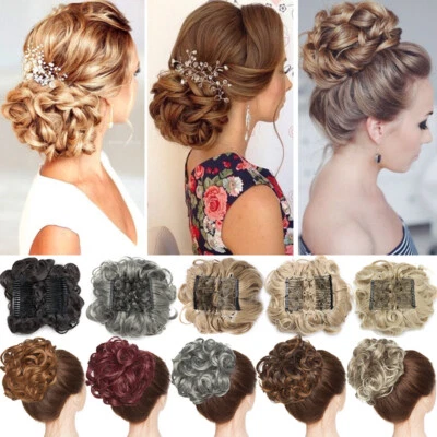 100% Real Natural Clip on in Messy Bun Hair Piece Extension Comb Wedding Updos