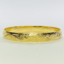 14K Yellow Gold Hawaiian Heirloom Floral Scroll 9.5mm 7.75" Bangle Bracelet 35g