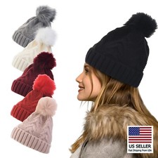 Women's  Girls Cable Knit Beanie Hat with Faux Fur Pom Warm Winter Fashion