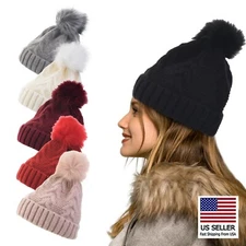 Women's & Girls Cable Knit Beanie Hat with Faux Fur Pom Warm Winter Fashion