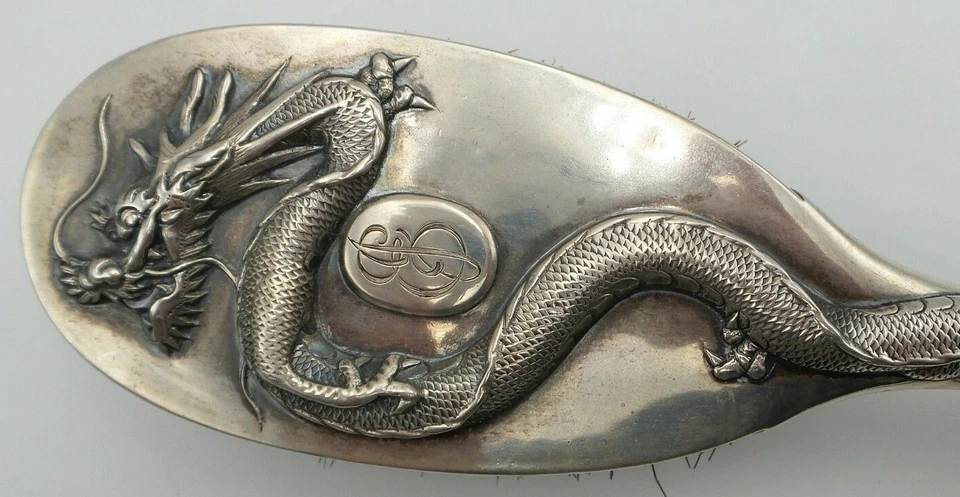 Antique 1900s TUCK CHANG Chinese Export Sterling Silver Dragon Vanity Brush - Image 3 of 4