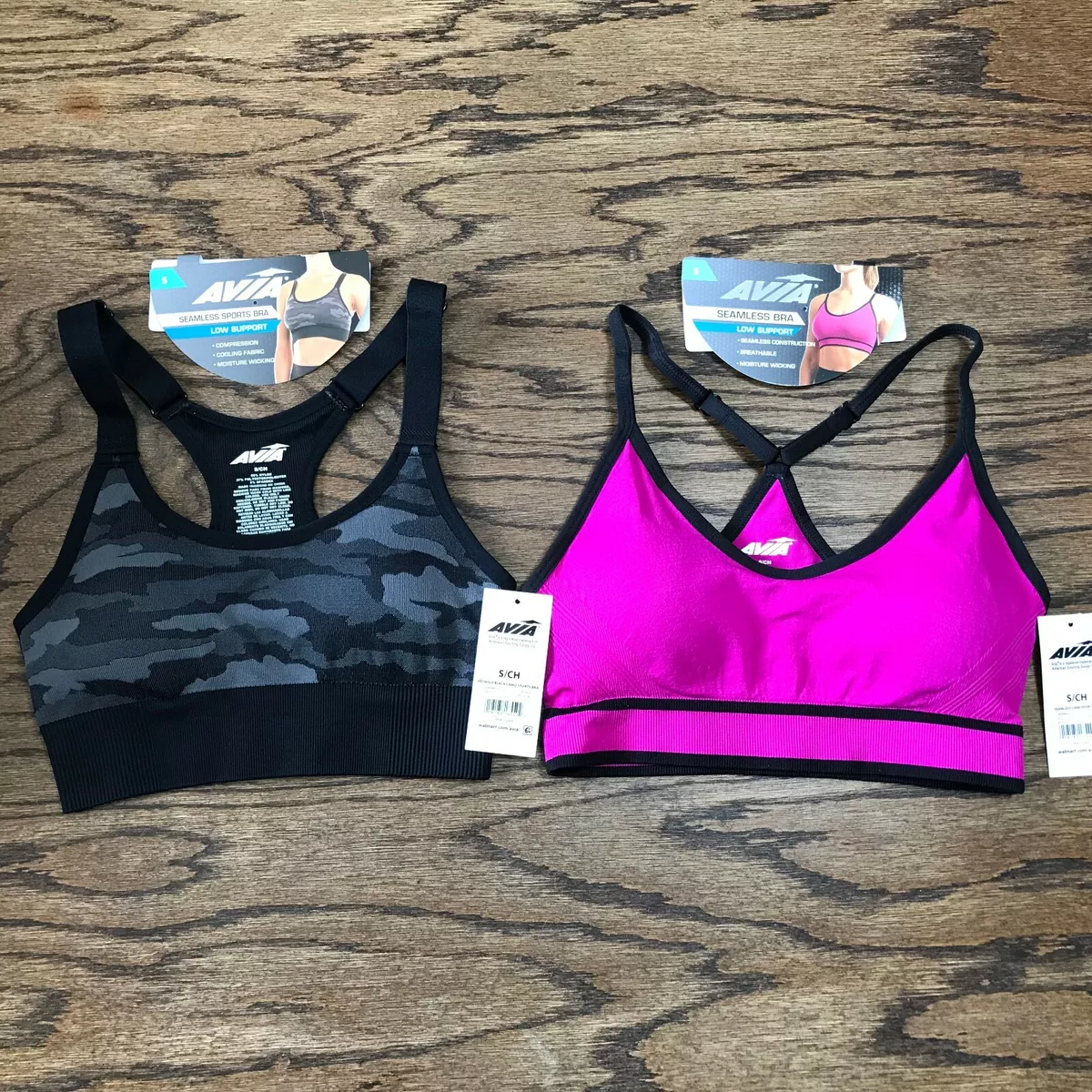 Lot of 2 Avia Sports Bras Back Keyhole Low Support Black Camo Pink Cami  Size S