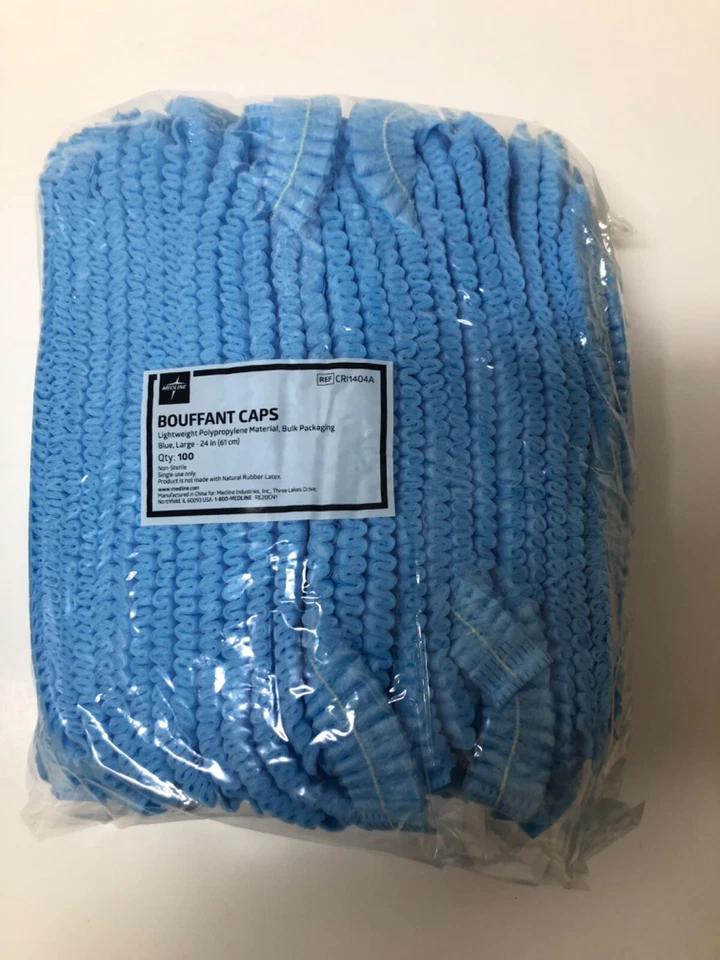 100 Count - Medline 24" Blue Bouffant Cap Non Woven Disposable Hairnet Large - Image 2 of 4