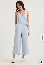 Lucky Brand Cotton V Neck Blake Geo LT Blue White Striped Jumpsuit Wide Leg