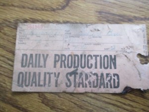 1971-73 Ford Mustang Assembly line Daily producton Quality standard control card